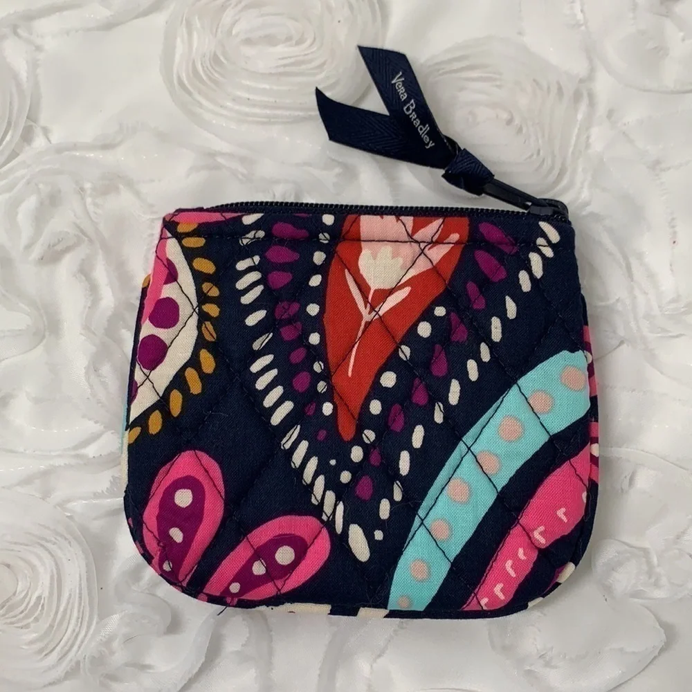 Vera Bradley Small Quilted Zip Pouch-Navy Blue/Purple/Pink /White, 5”x4”